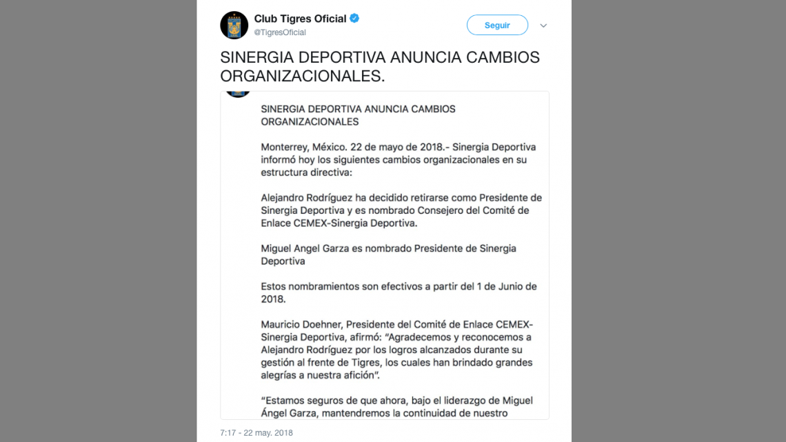 Alejandro Rodríguez deja la presidencia de Tigres