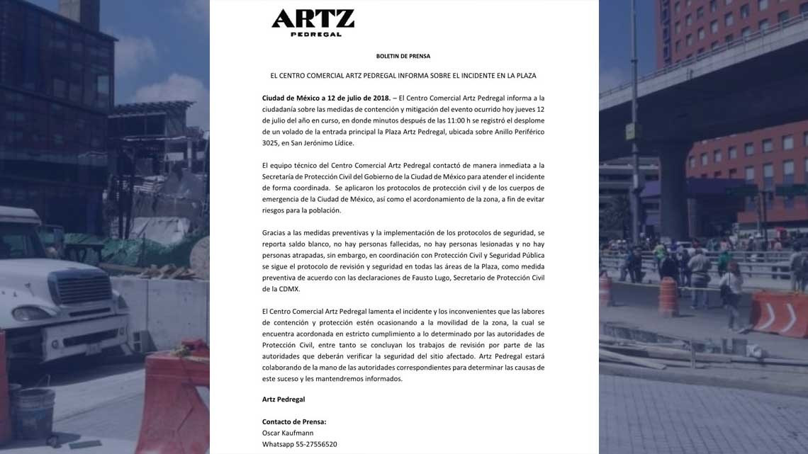 Colapsa estructura de plaza Artz Pedregal 