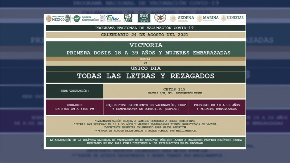 Anuncia JR un día más de vacunación para jóvenes en Victoria