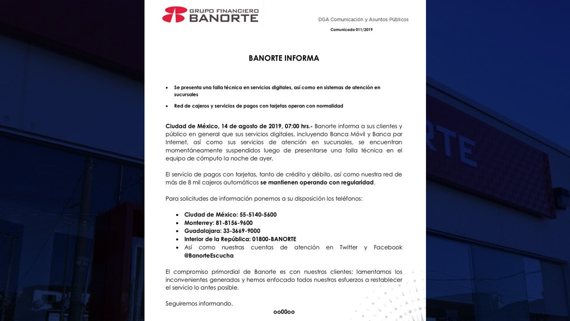 Banorte reporta fallas en banca por Internet, banca móvil y call center