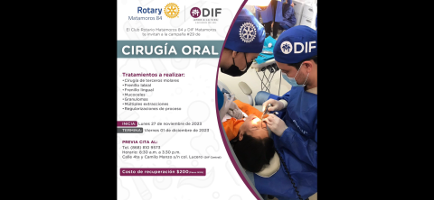 Invita DIF Matamoros y Club Rotario Matamoros 84 a la Campaña de Cirugía Oral No.29
