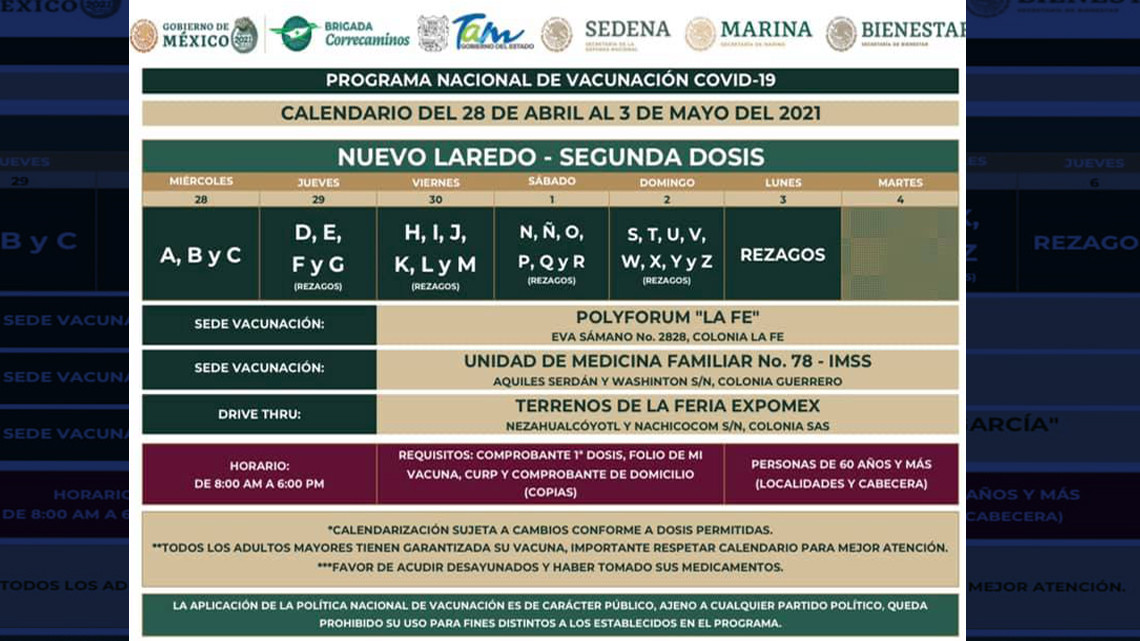 Segunda dosis de vacunas para adultos mayores de varios municipios de Tamaulipas iniciará este miércoles