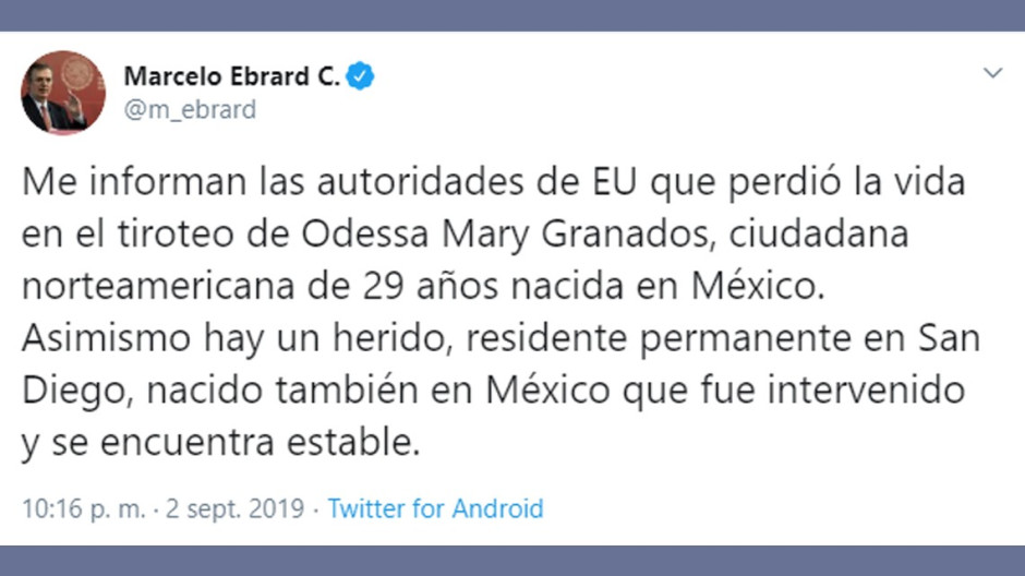 Confirma Ebrard muerte de una mexicana y un mexicano herido por tiroteo de Odessa, Texas