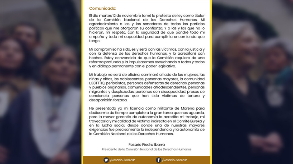  Rosario Piedra pide licencia como militante de Morena