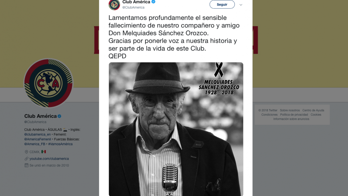 Fallece a los 90 años Melquiades Sánchez "La voz del Estadio Azteca" 