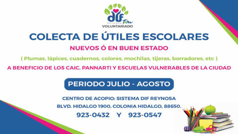 Pide apoyo DIF Reynosa para colecta de útiles escolares