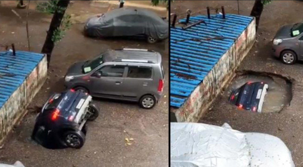 Socavón se "traga" un vehículo en la India