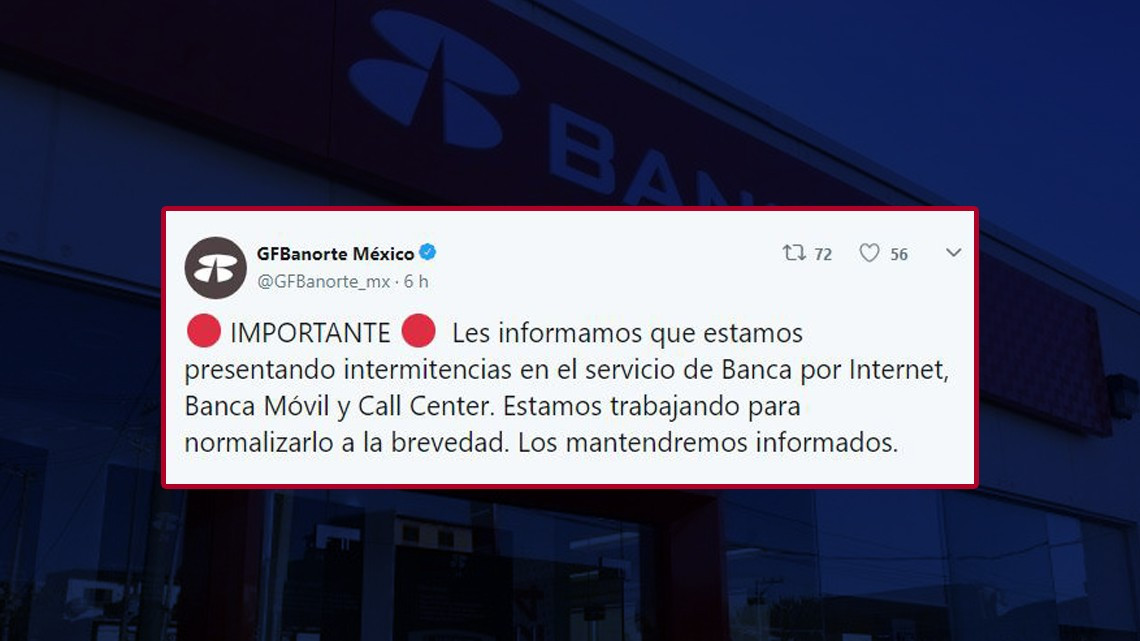 Banorte reporta fallas en banca por Internet, banca móvil y call center