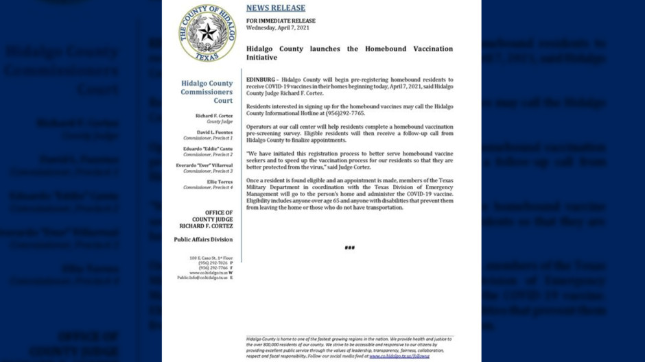 Inicia Condado de Hidalgo proceso de preinscripción para vacunación en los hogares