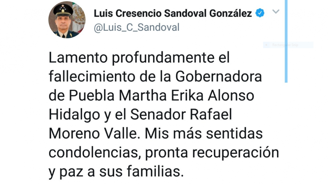 Envían condolencias por fallecimiento de gobernadora de Puebla y su esposo