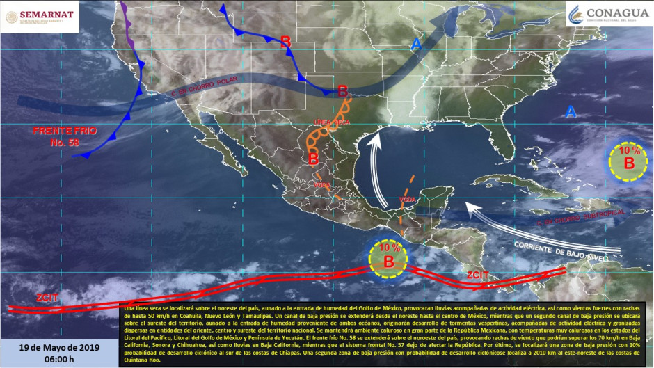 Se prevén tormentas puntuales fuertes a muy fuertes en el sureste del país