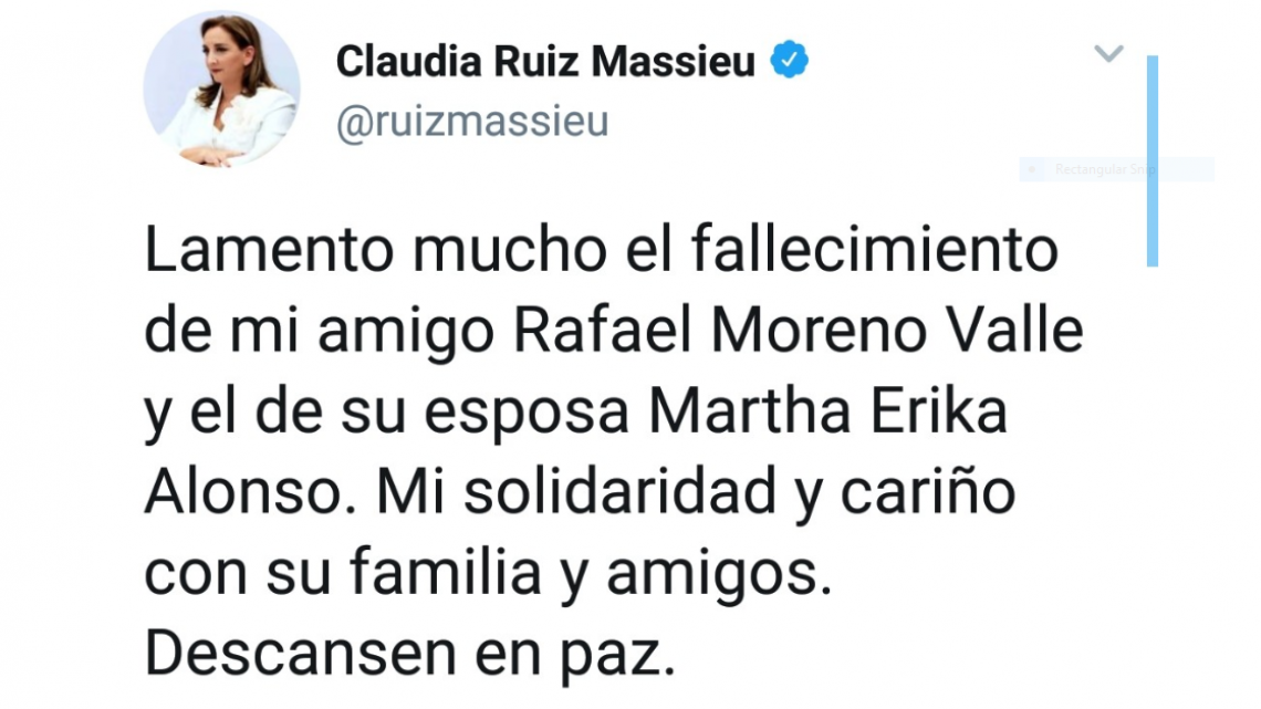 Envían condolencias por fallecimiento de gobernadora de Puebla y su esposo