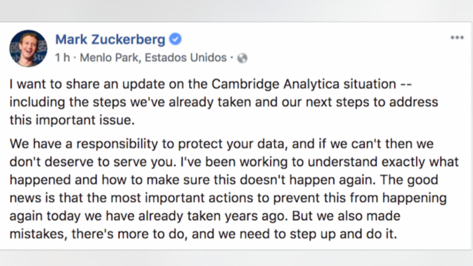 Zuckerberg admite errores en caso Cambridge Analytica 