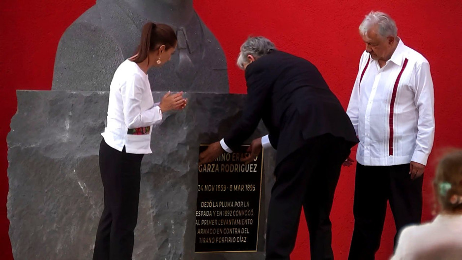 AMLO, Claudia y Ava rinden homenaje en matamoros a Catarino Erasmo Garza; los acompaña Rubén Sauceda 