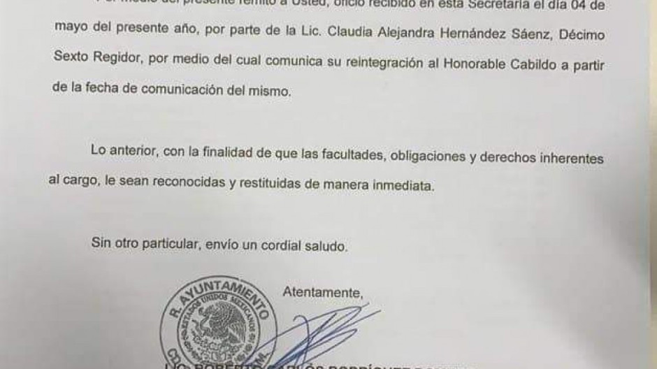 Regresa Claudia Hernández al Cabildo de Reynosa