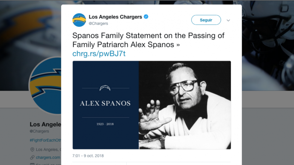 Fallece Alex Spanos, dueño de Los Angeles Chargers