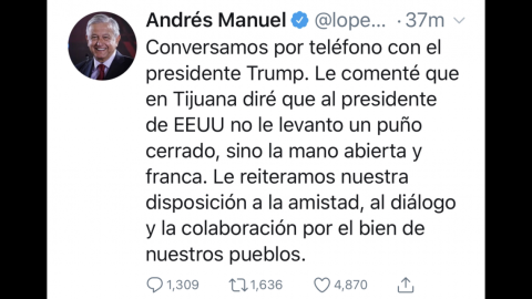 AMLO habla con Trump y refrenda disposición a amistad y diálogo