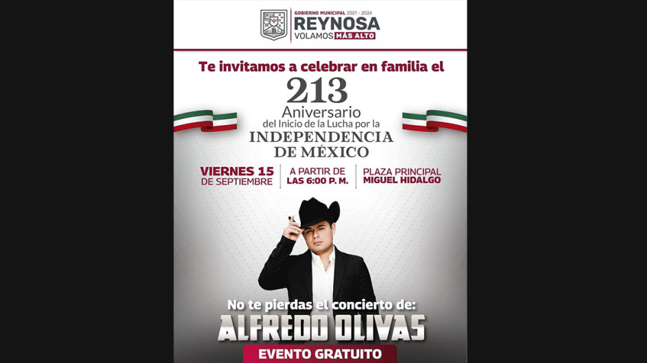 Invitan a Grito de Independencia en plaza principal con opresentación estelar de Alfredo Olivas