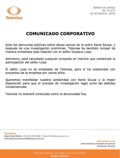 Televisa rompe relación con Gustavo Loza, presunto violador de Karla Souza