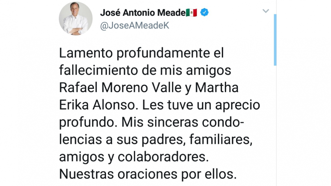 Envían condolencias por fallecimiento de gobernadora de Puebla y su esposo