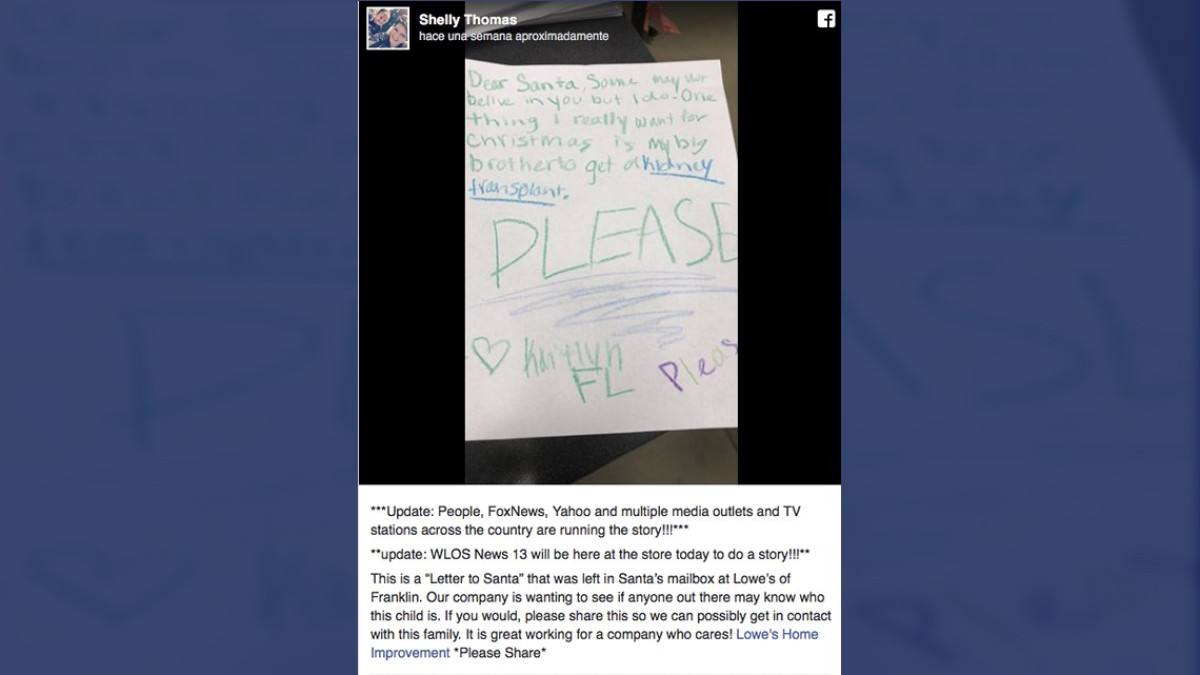 Niña le pide a Papá Noel un riñón para su hermano