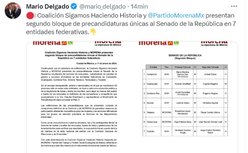 Morena designa a Olga Sosa y JR precandidatos al Senado por Morena