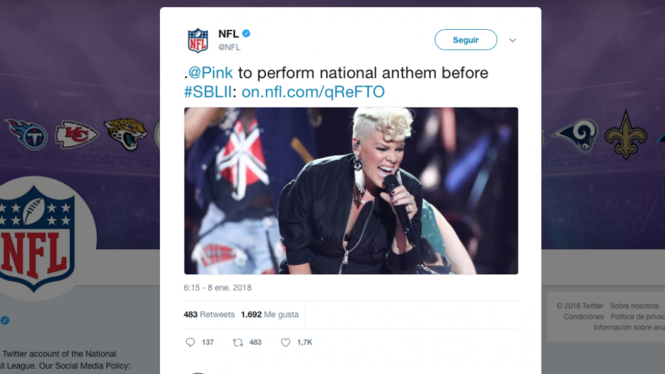 Entonará Pink el himno de EU en el Super Bowl LII