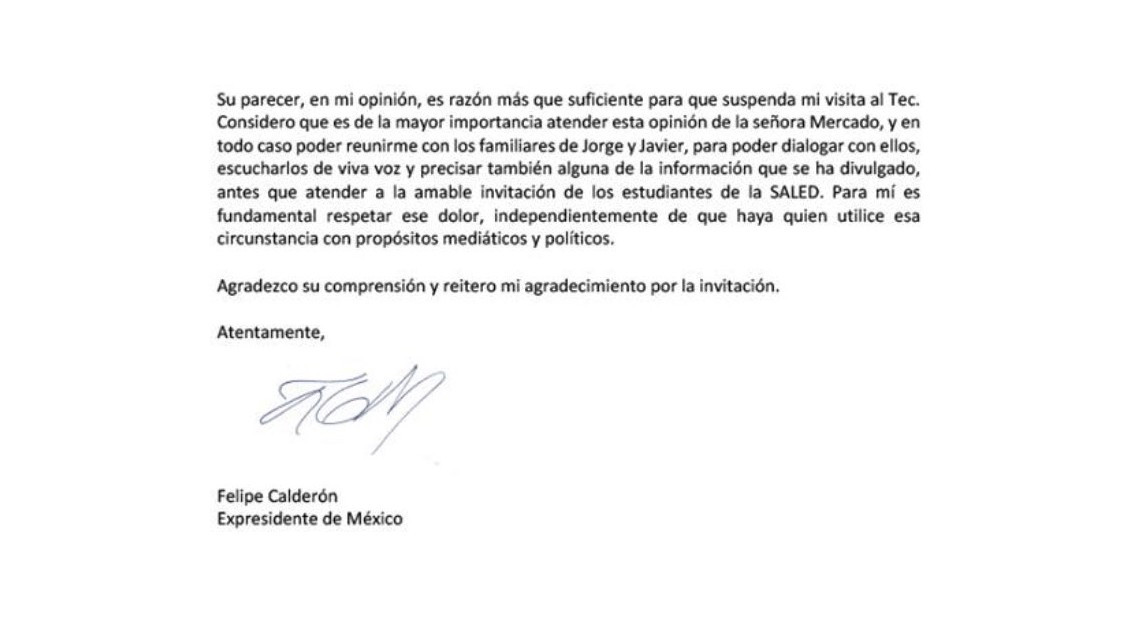 Cancela Felipe Calderón conferencia en el Tec de Monterrey