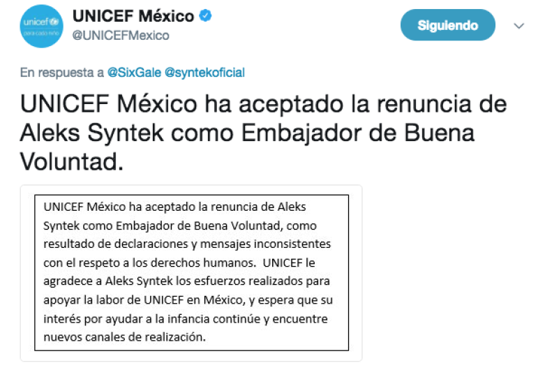Por tweets, Syntek deja de ser Embajador de la UNICEF