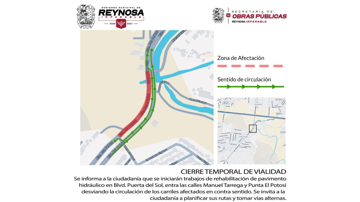 Cierre temporal de bulevar Puerta Del Sol por trabajo de rehabilitación 