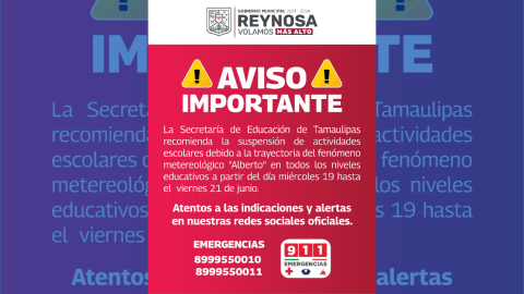 Informa Alcalde de Reynosa suspensión total de actividades escolares en Reynosa 
