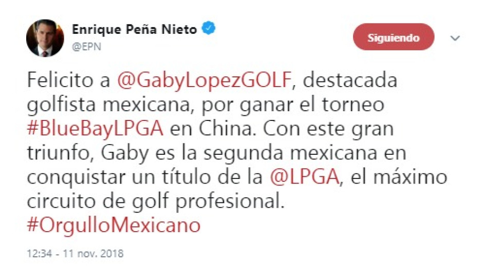 EPN felicita a Gaby López por su triunfo en China