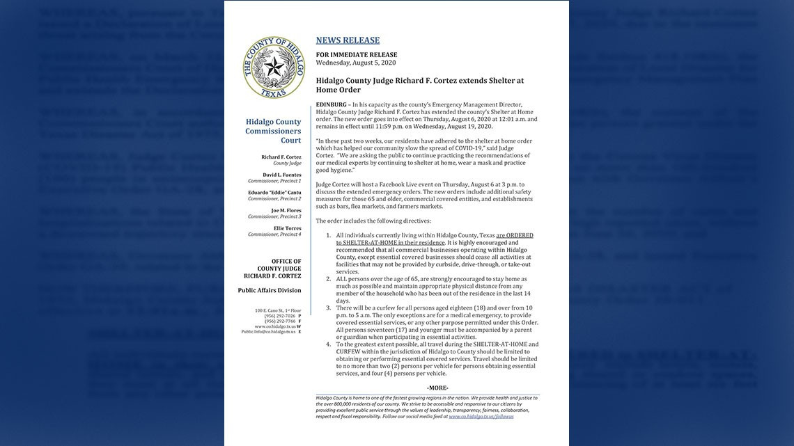 Extienden toque de queda en Condado Hidalgo hasta agosto 19 