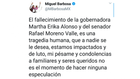 Envían condolencias por fallecimiento de gobernadora de Puebla y su esposo