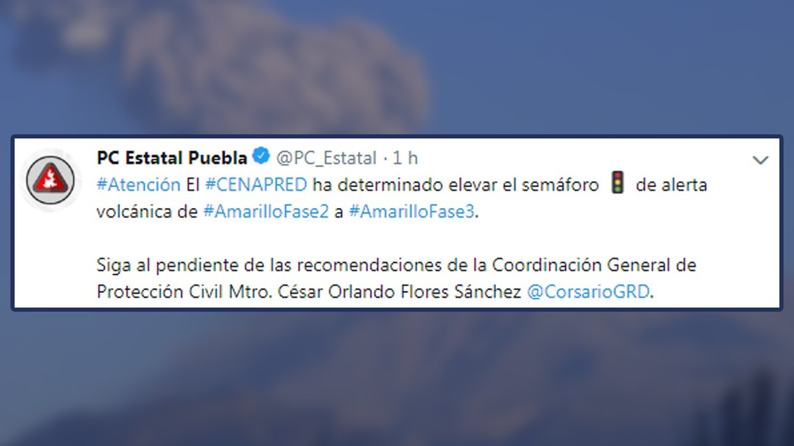 Aumenta actividad del Popocatépetl, pasa a Amarillo Fase 3