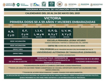 Mañana inicia vacunación de adultos mayores de 50 años y embarazadas 
