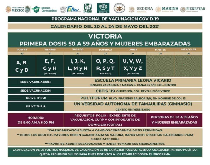 Mañana inicia vacunación de adultos mayores de 50 años y embarazadas 