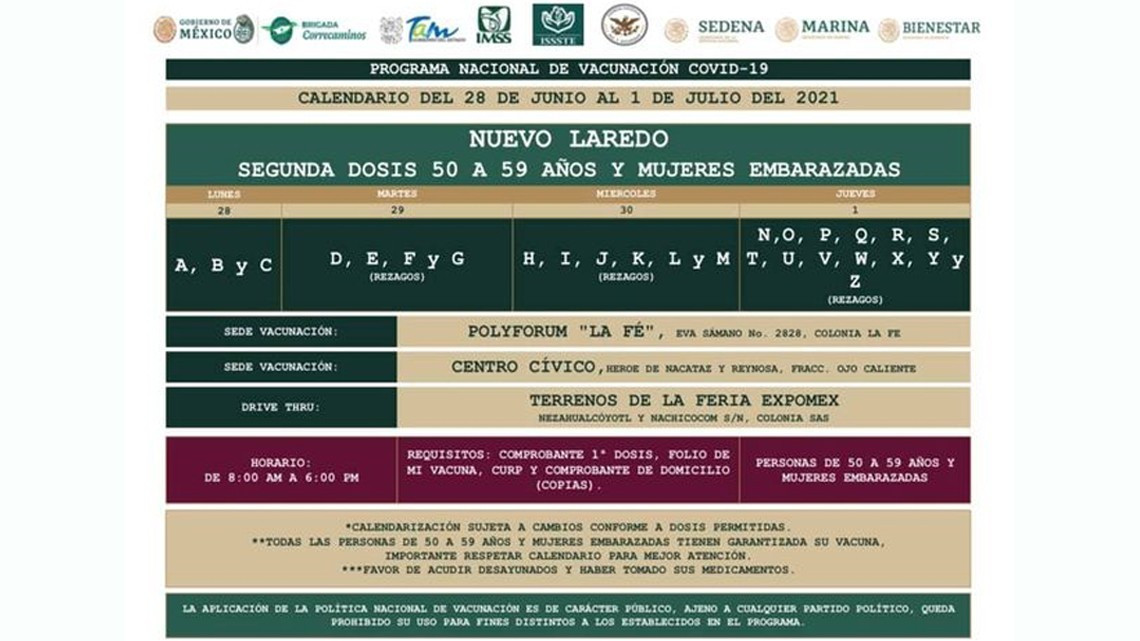 Pondrán segunda dosis anticovid a personas de 50 a 59 años en 6 municipios de Tamaulipas