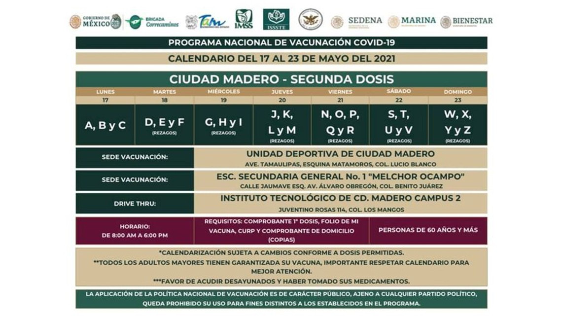 Ya hay fechas para la aplicación de segunda dosis para adultos mayores en Matamoros y Tampico