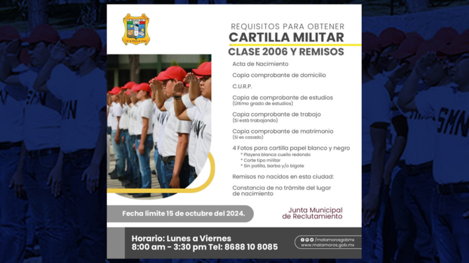 Invitan a jóvenes de la Clase 2006 y remisos registrarse para la Cartilla Militar