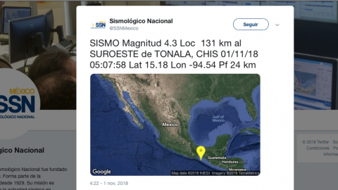 Ocurre sismo de magnitud 4.3 al suroeste de Tonalá, Chiapas