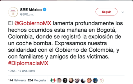 SRE lamenta explosión de coche bomba en Colombia