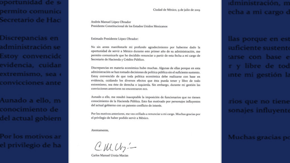 Carlos Urzúa deja la Secretaría de Hacienda