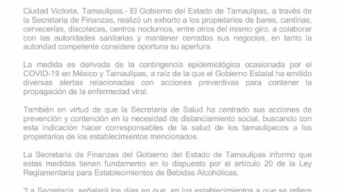 Gobierno de Tamaulipas exhorta a establecimientos de bebidas alcohólicas a cerrar para prevenir COVID-19.