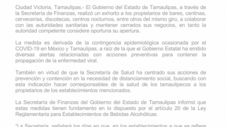 Gobierno de Tamaulipas exhorta a establecimientos de bebidas alcohólicas a cerrar para prevenir COVID-19.