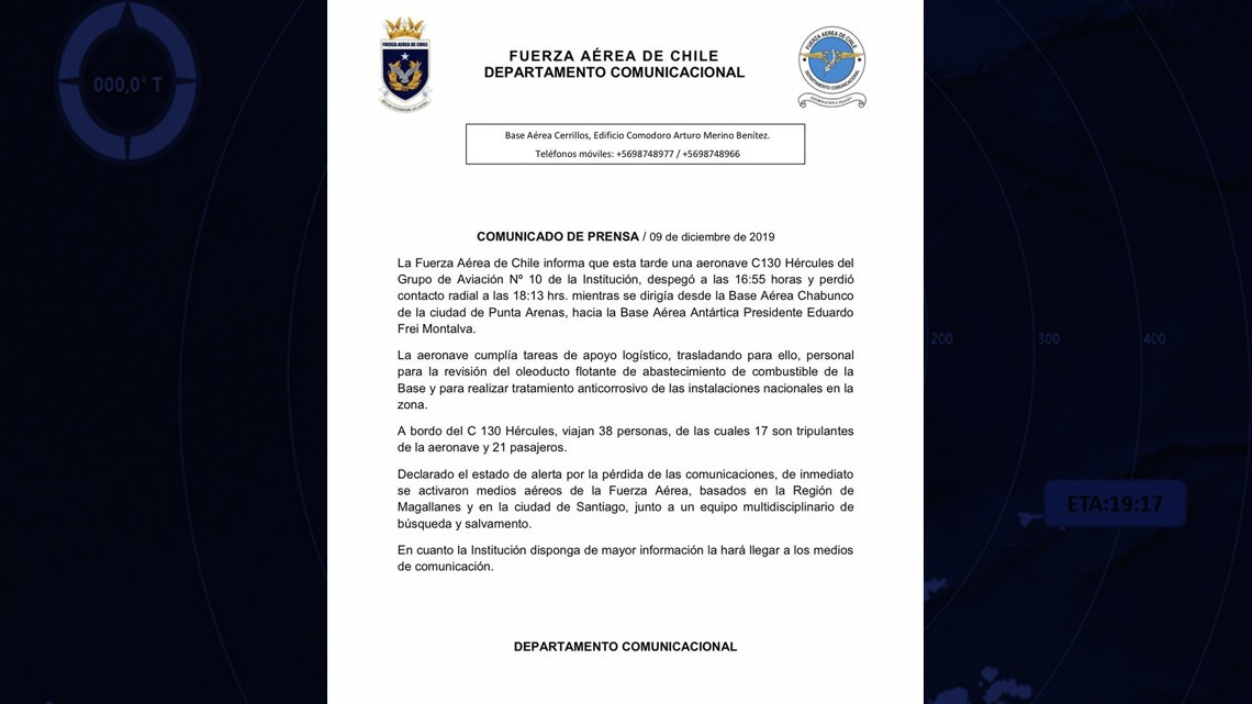 Fuerza Aérea de Chile declara "siniestrada" la aeronave desaparecida