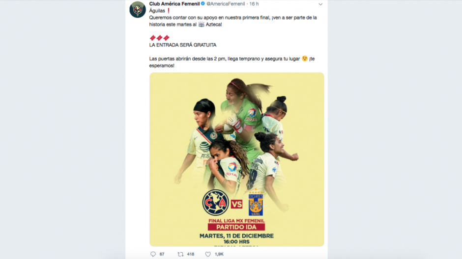 América anuncia entrada gratuita para final de "ida" de Liga MX Femenil