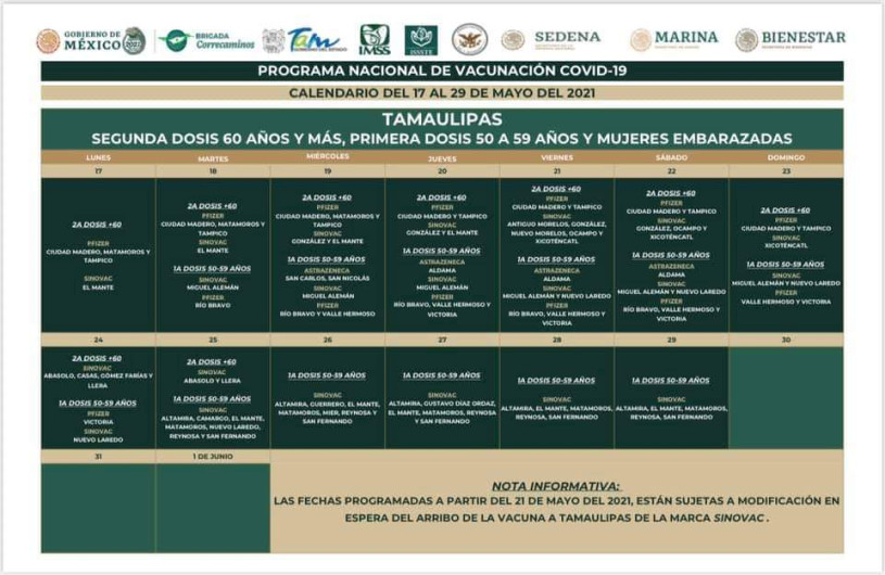 Inicia vacunación en Tamaulipas para aplicación de segunda dosis, primeras dosis y mujeres embarazadas