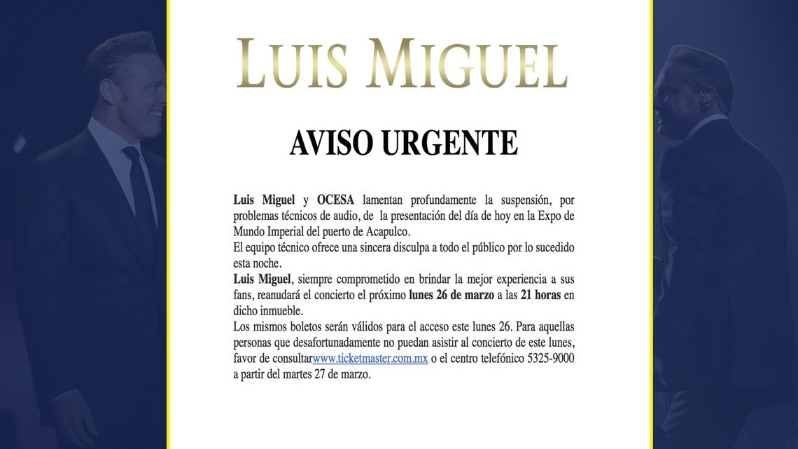 Cancela concierto Luis Miguel por problemas de sonido