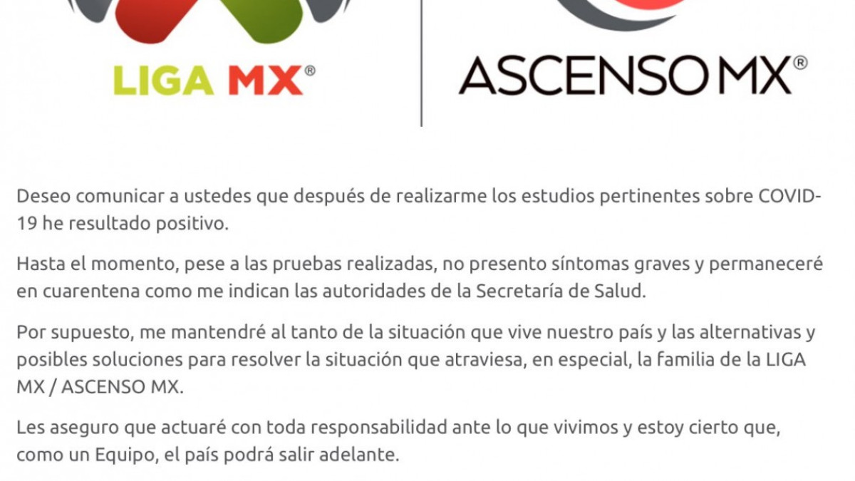 Presidente de la Liga MX da positivo a Coronavirus